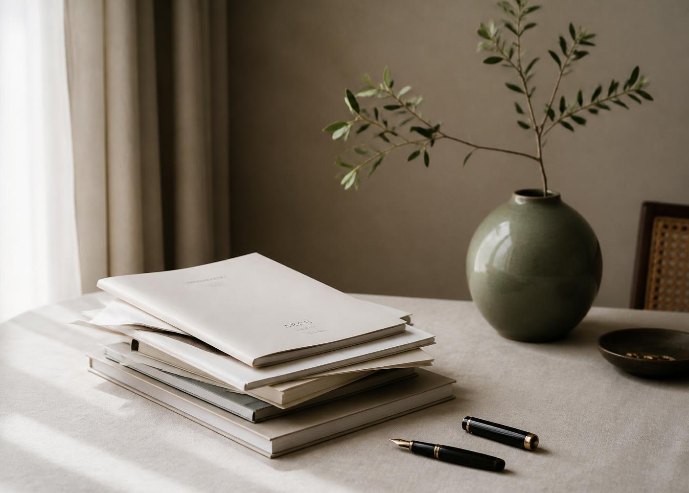 Stack of documents and a fountain pen on a linen table in soft daylight