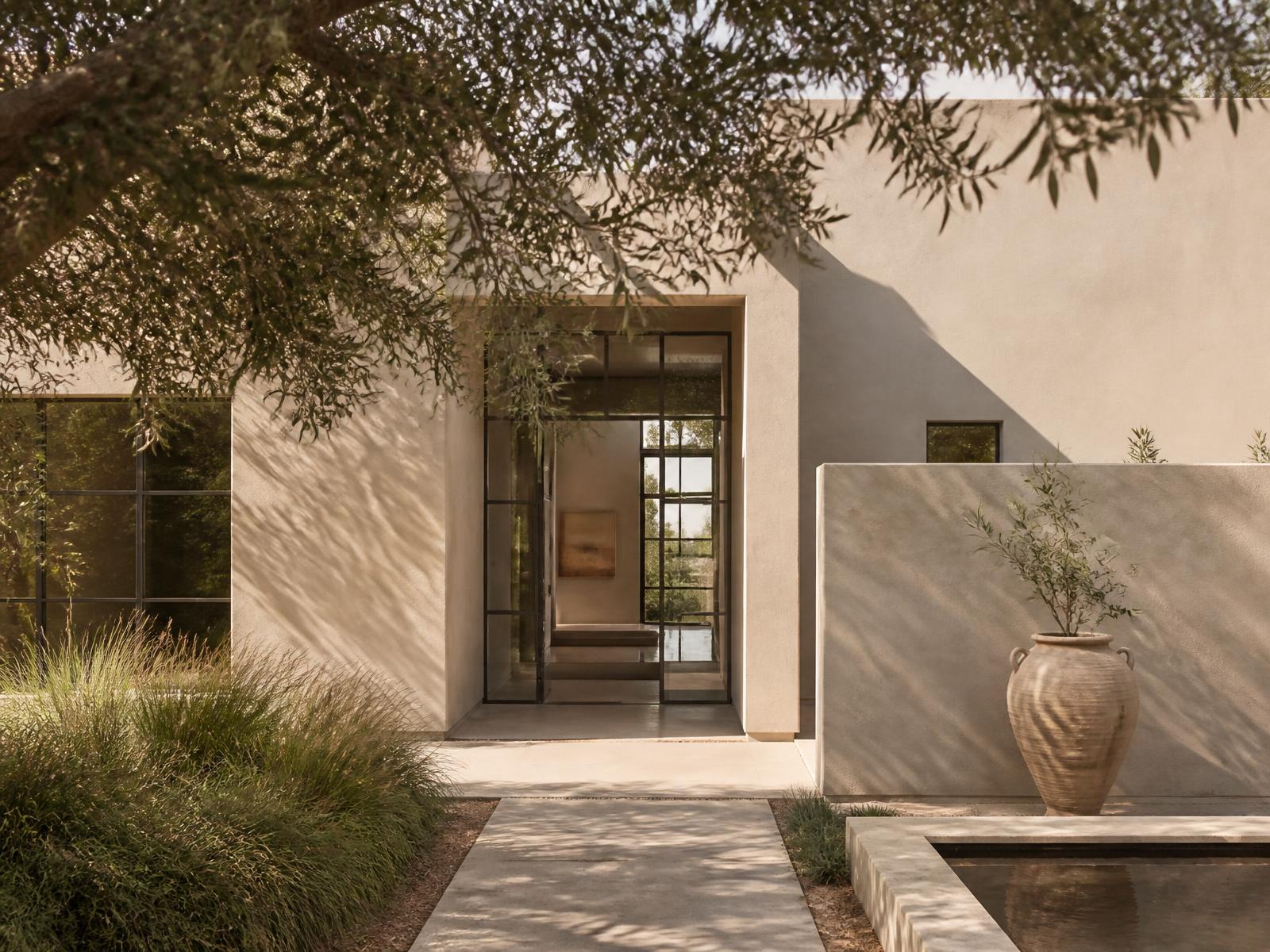 Sunlit cream-toned modern home entrance framed by olive branches