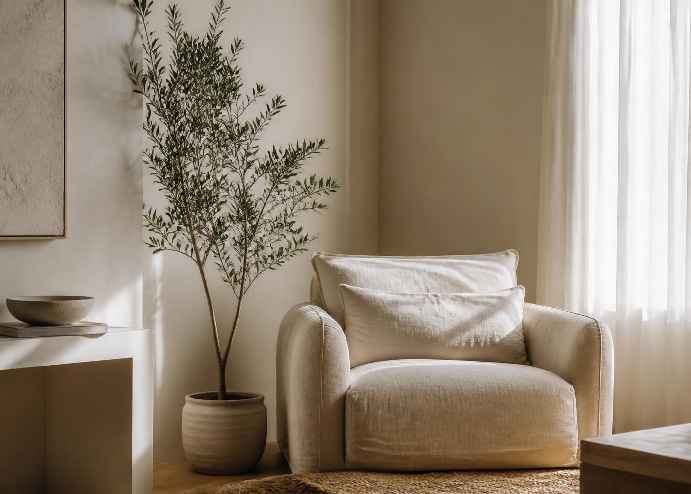 Calm cream interior with a linen armchair and olive tree in natural light